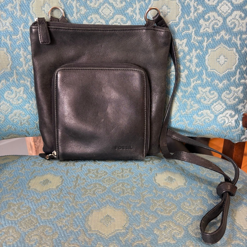 VTG Fossil Black Leather Crossbody Bag One Size - Picture 2 of 7